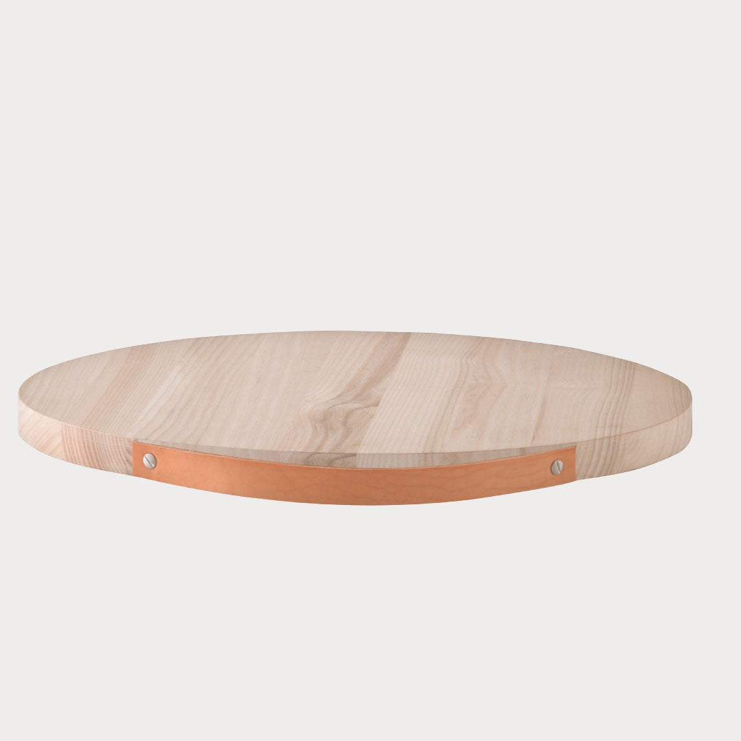 Close-up of Wooden Board showcasing the leather handle and natural ash wood grain.