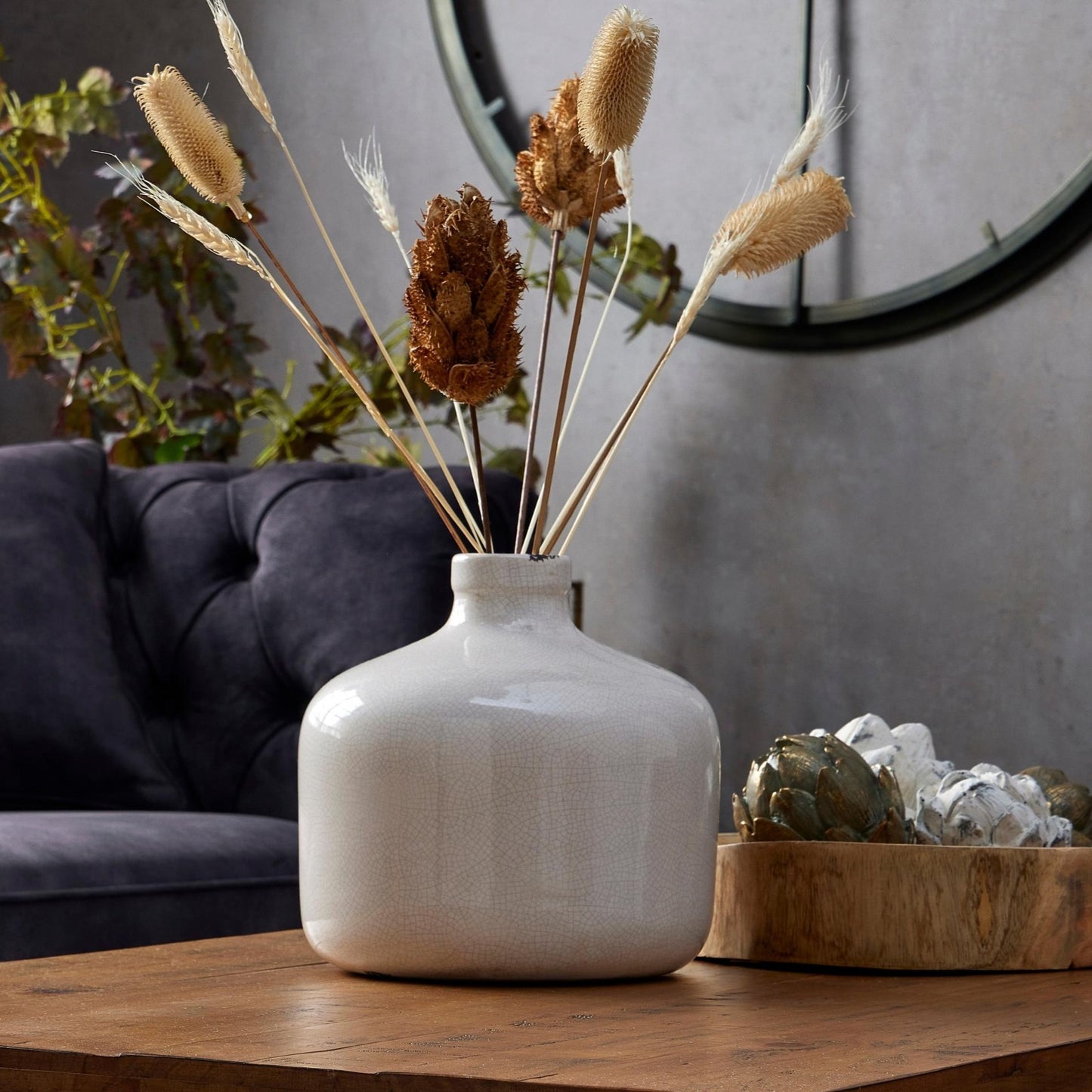 Medium Crackled Glazed Vase in Neutral styled with dried flowers, highlighting its artistic design.
