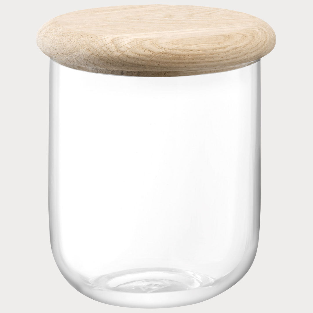 side profile or glass storage container showcasing its simple design
