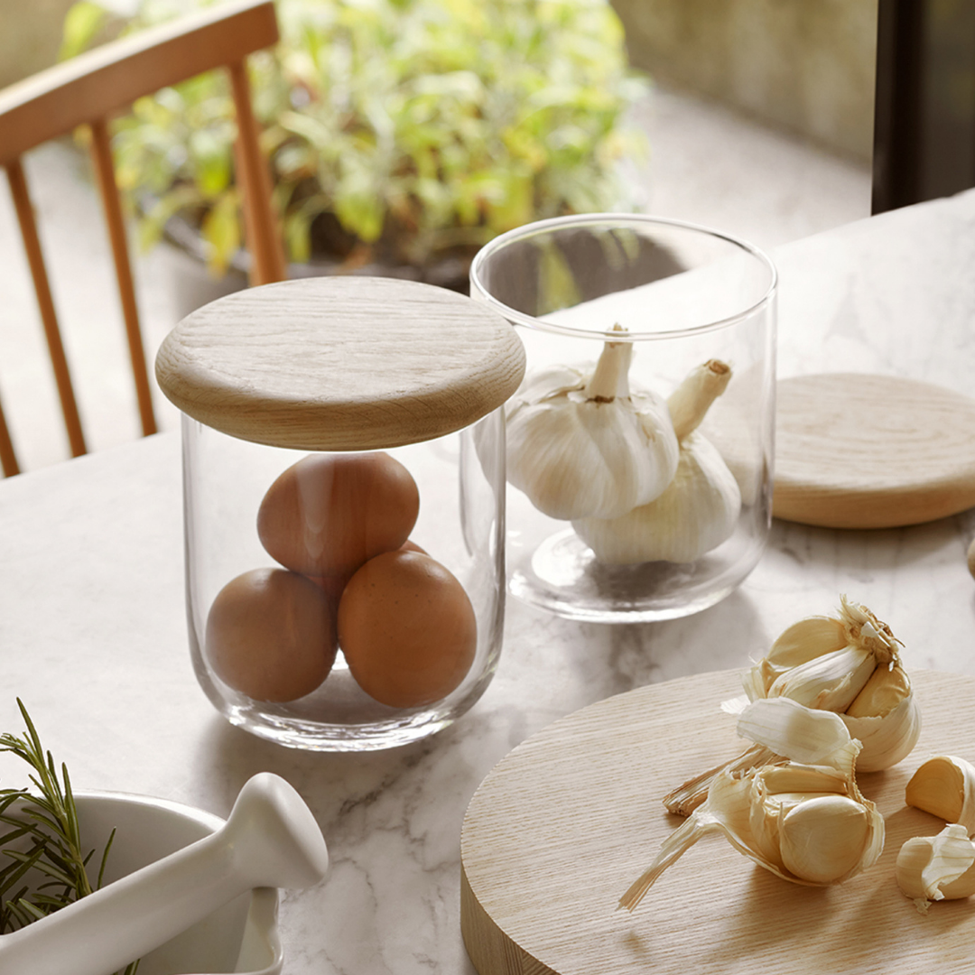 Close-up of Glass & Oak Storage Container highlighting the natural oak lid.