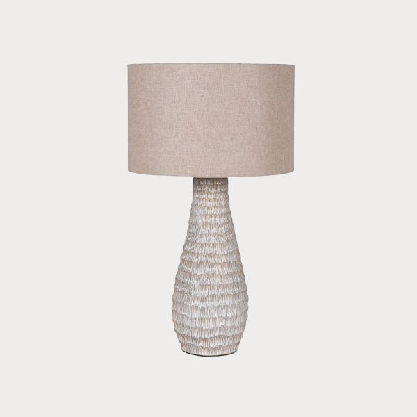 Close-up of the Beige Table Lamp's textured base showcasing intricate details.