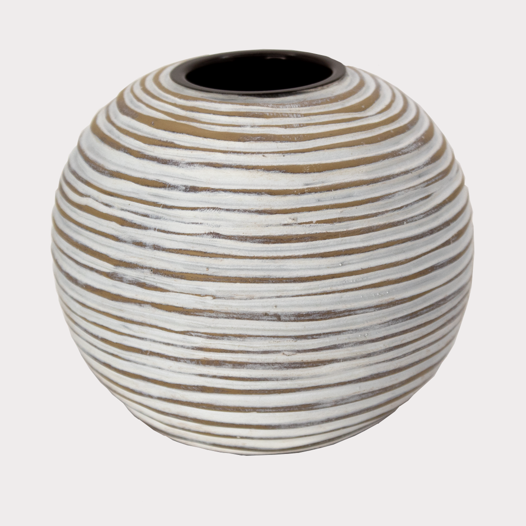 Close-up of Rustic Striped Candle Holder showcasing its unique striped ceramic design.