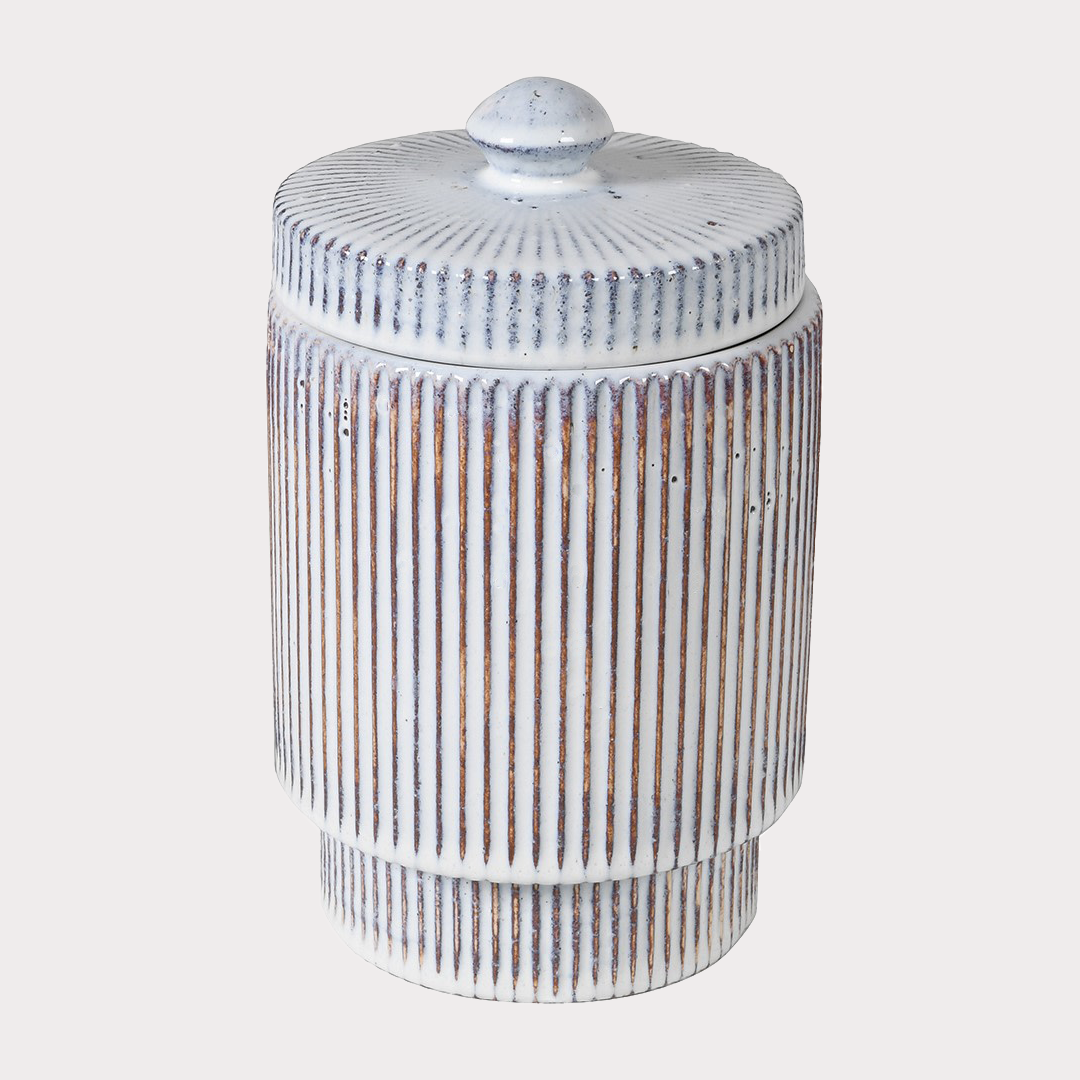 Close-up of Washed Striped Jar with Lid showcasing its modern striped pattern.