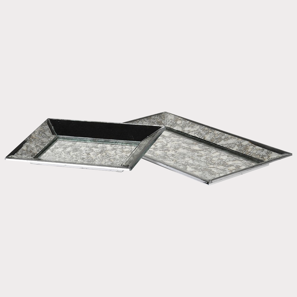 Close-up of Aged Mirror Tray showcasing its antique mirror surface.