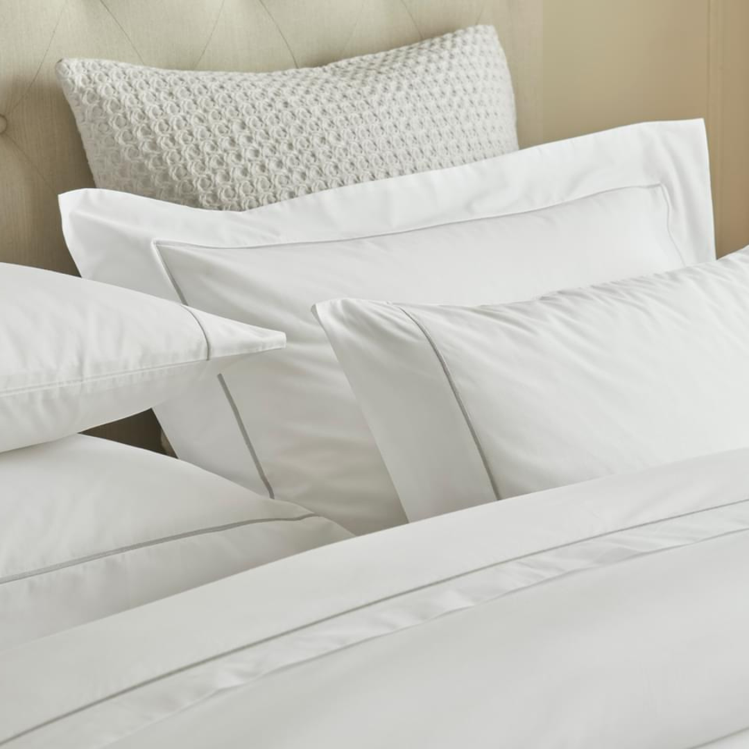 Pure Cotton Bedding Set with Triple Cord Detail in White and Silver, available at Clarkson Lee Lifestyle.