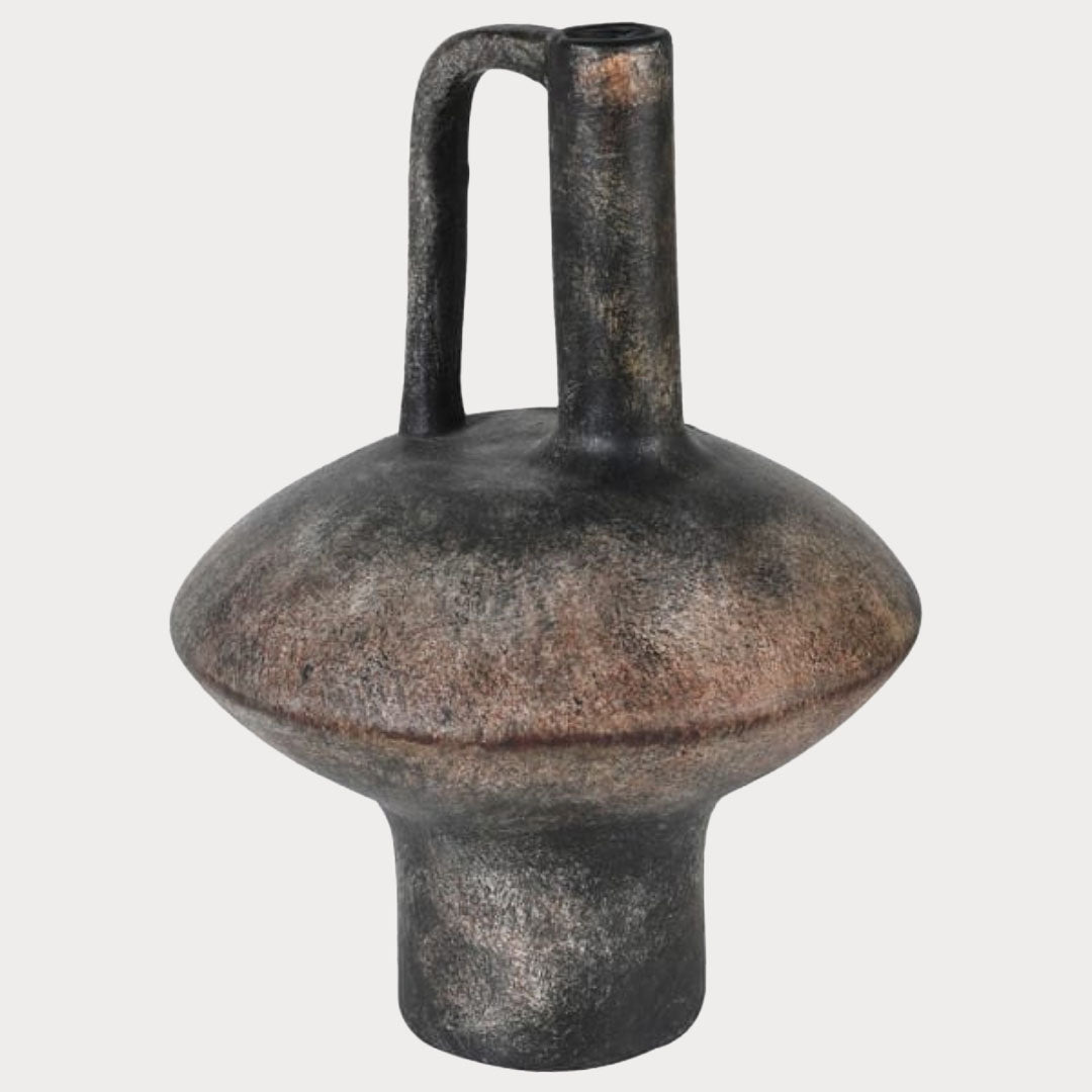 Close-up of the Distressed Ceramic Vase with Handle showcasing its vintage aesthetic and distressed finish.