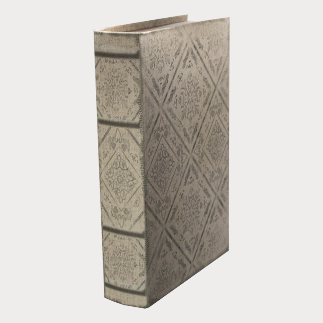 Close-up of Linen Book Box in Light Grey, showcasing its textured fabric cover.
