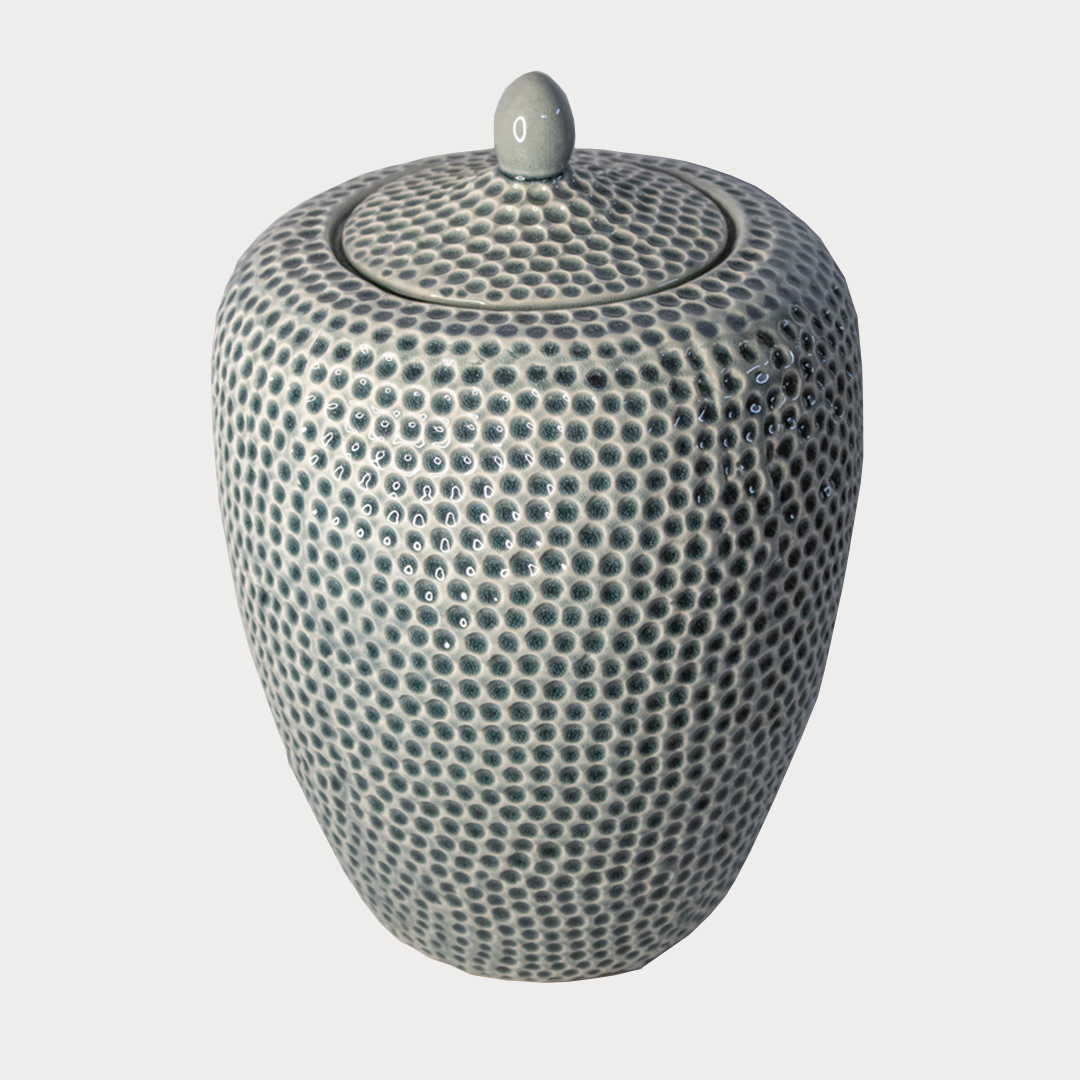 Close-up of Handmade Dimple Ceramic Jar highlighting its intricate dimpled design.