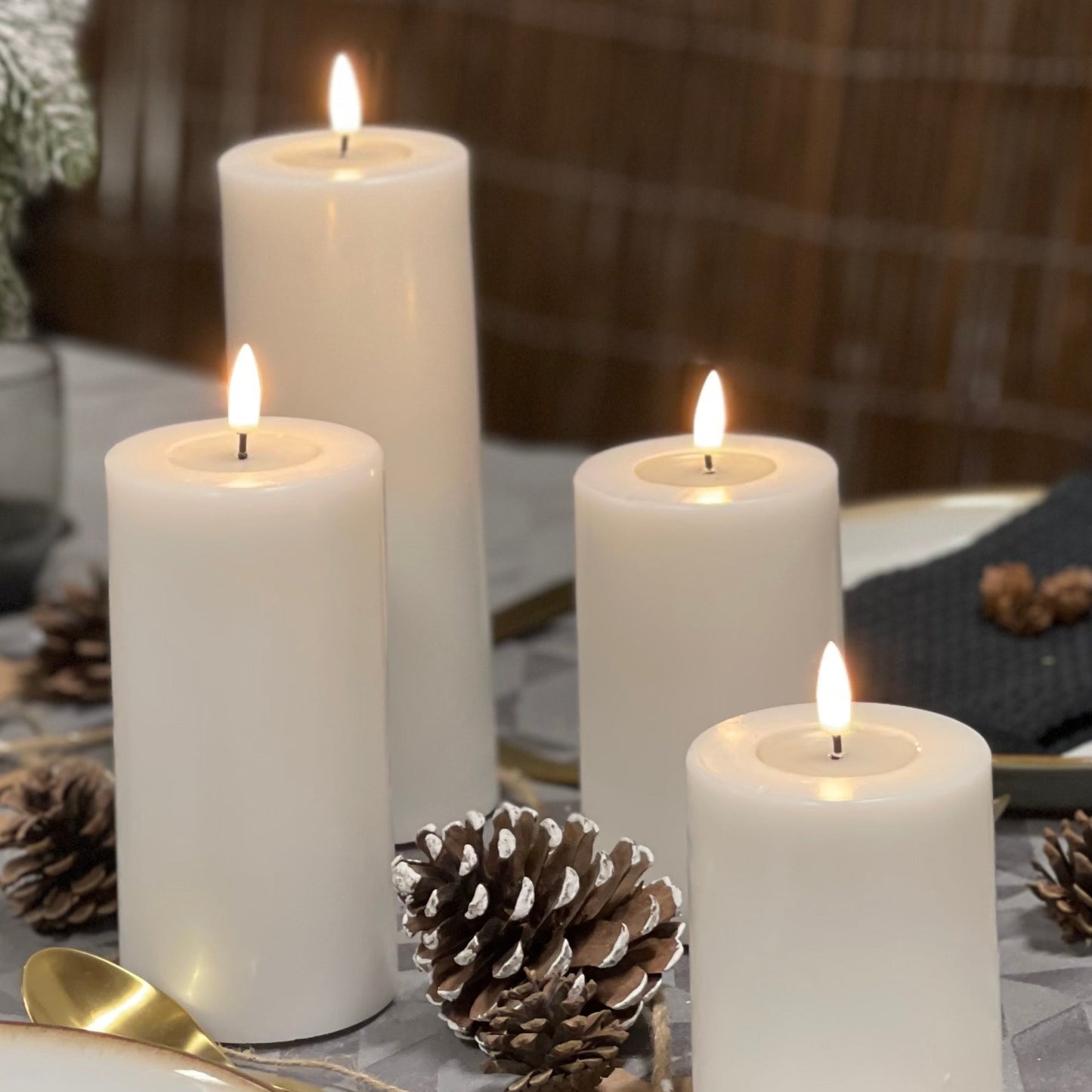 Indoor & Outdoor LED Candle displayed in a decorative lantern on a porch.