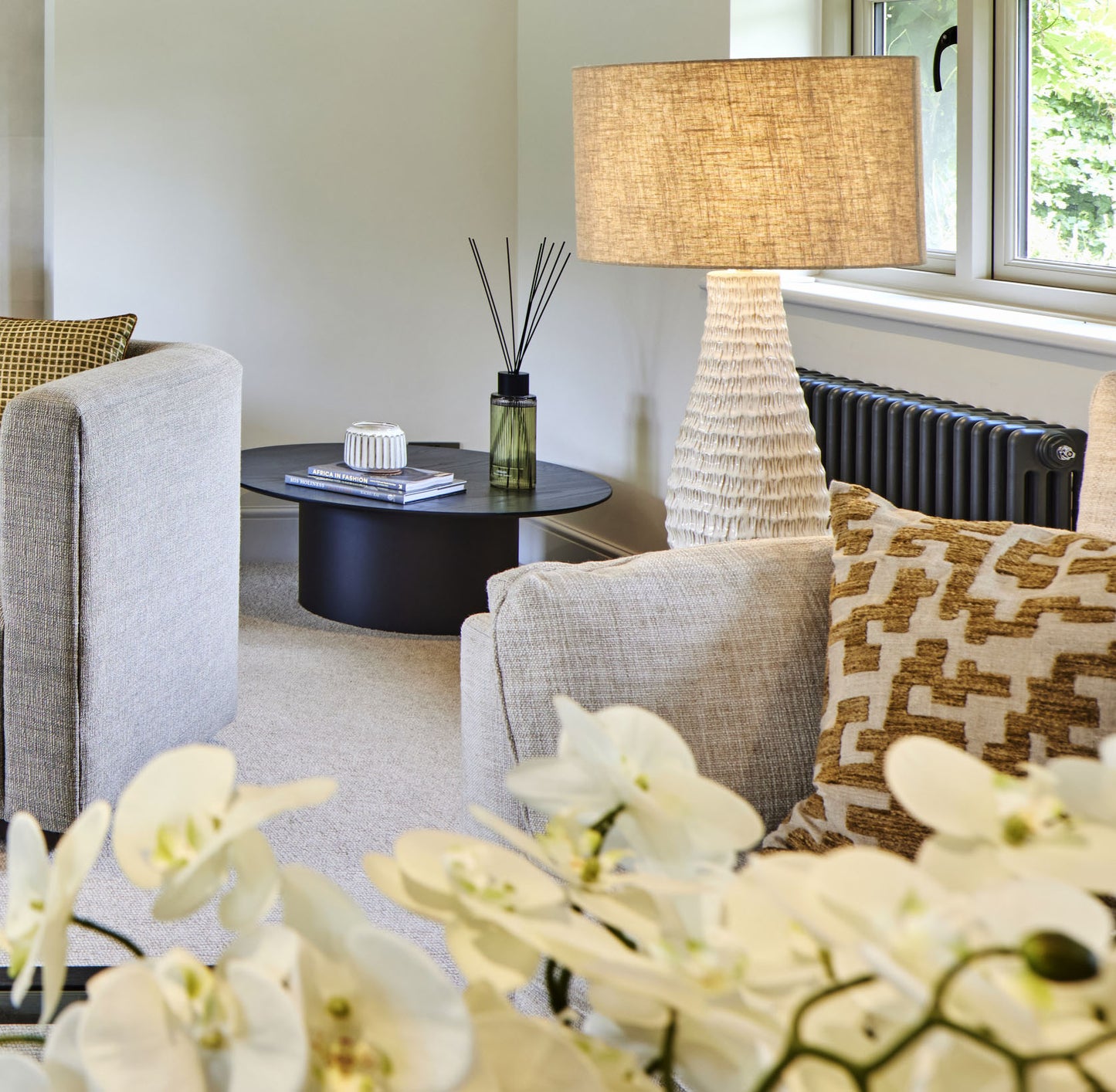 Beige Table Lamp with Matching Shade featuring a classic silhouette and textured details, available at Clarkson Lee Lifestyle.