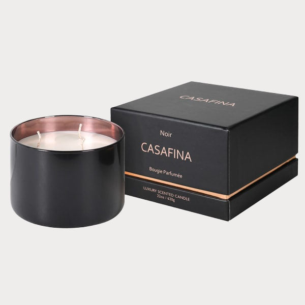 Rose Oud scented candle in black glass jar with gift box from Clarkson Lee Lifestyle.