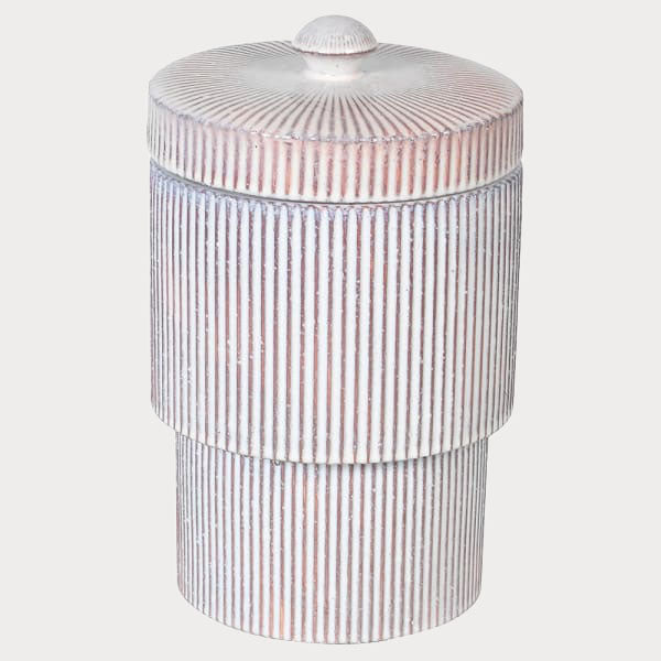 Close-up of Striped Lidded Jar showcasing its bold red and white pattern.