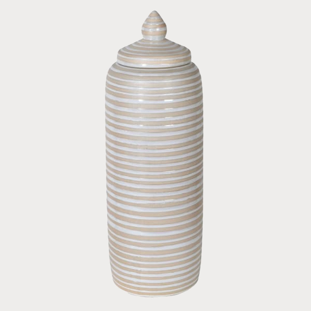 Close-up of Ribbed Glass Jar showcasing its textured design and fitted lid.