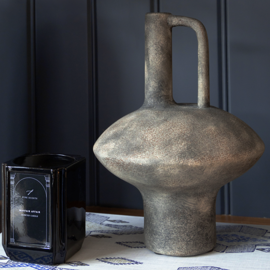 Distressed Ceramic Vase with Handle featuring a vintage aesthetic, available at Clarkson Lee Lifestyle.