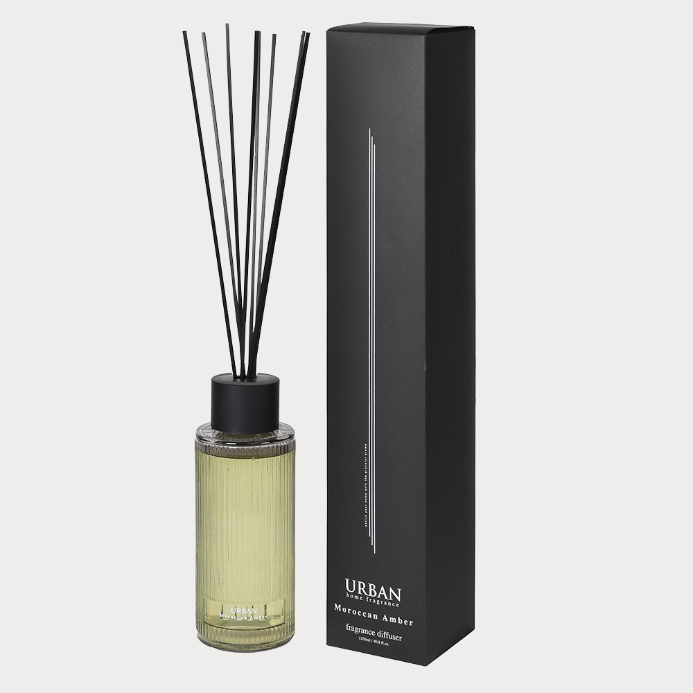 Moroccan Amber Reed Diffuser packaged in a stylish box, perfect for gifting.