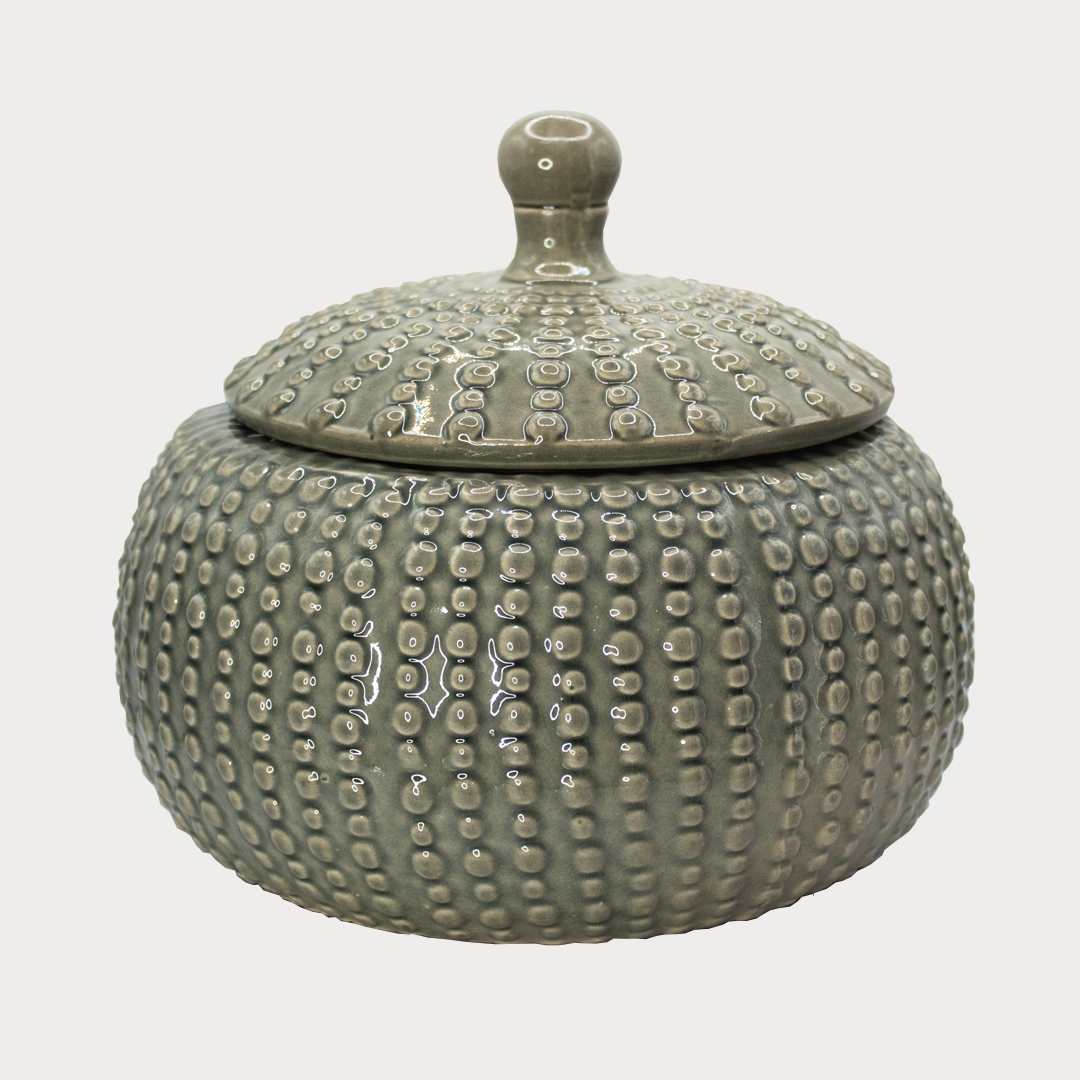 Close-up of Lidded Bobble Jar showcasing its intricate bobble texture and lid detail.