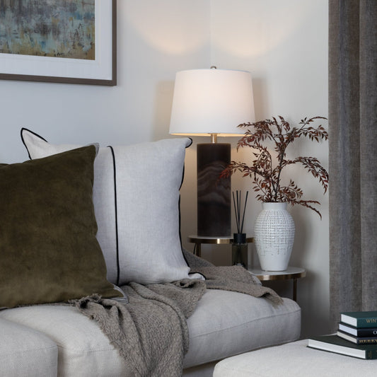 Brown Hand-Blown Glass Table Lamp with Shade featuring a unique glass base in rich brown tones, available at Clarkson Lee Lifestyle.