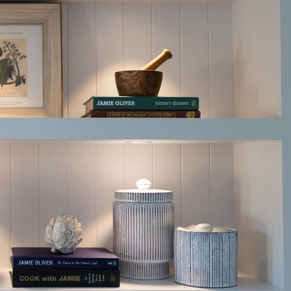 Small Striped Lidded Jar with red and white design, available at Clarkson Lee Lifestyle.