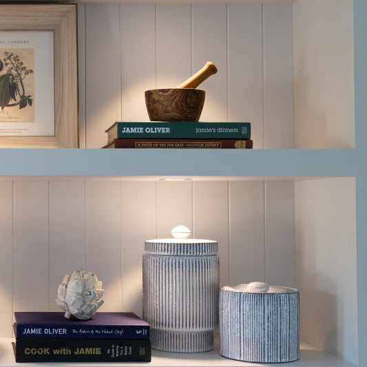 Small Striped Lidded Jar with red and white design, available at Clarkson Lee Lifestyle.