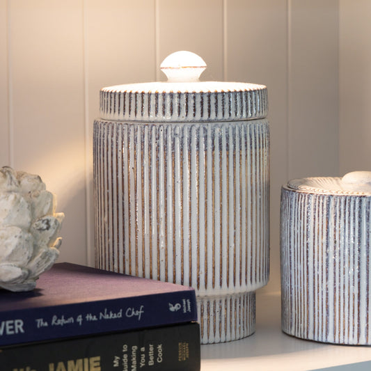 Washed Striped Jar with Lid featuring a chic striped design, available at Clarkson Lee Lifestyle.