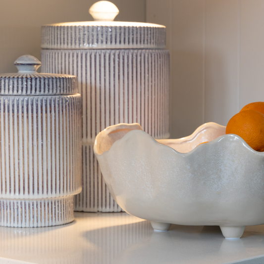 Red and white striped lidded jar, available at Clarkson Lee Lifestyle.