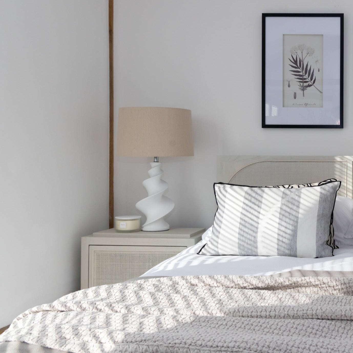 Swirl Table Lamp with Shade featuring a white ceramic base with delicate swirl design, available at Clarkson Lee Lifestyle.