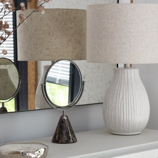Elegant Marble Vanity Mirror with natural marble base and sleek design, available at Clarkson Lee Lifestyle.