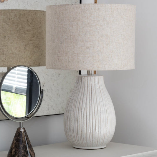 Textured Table Lamp with Shade featuring a stable base and soft cream hues, available at Clarkson Lee Lifestyle.