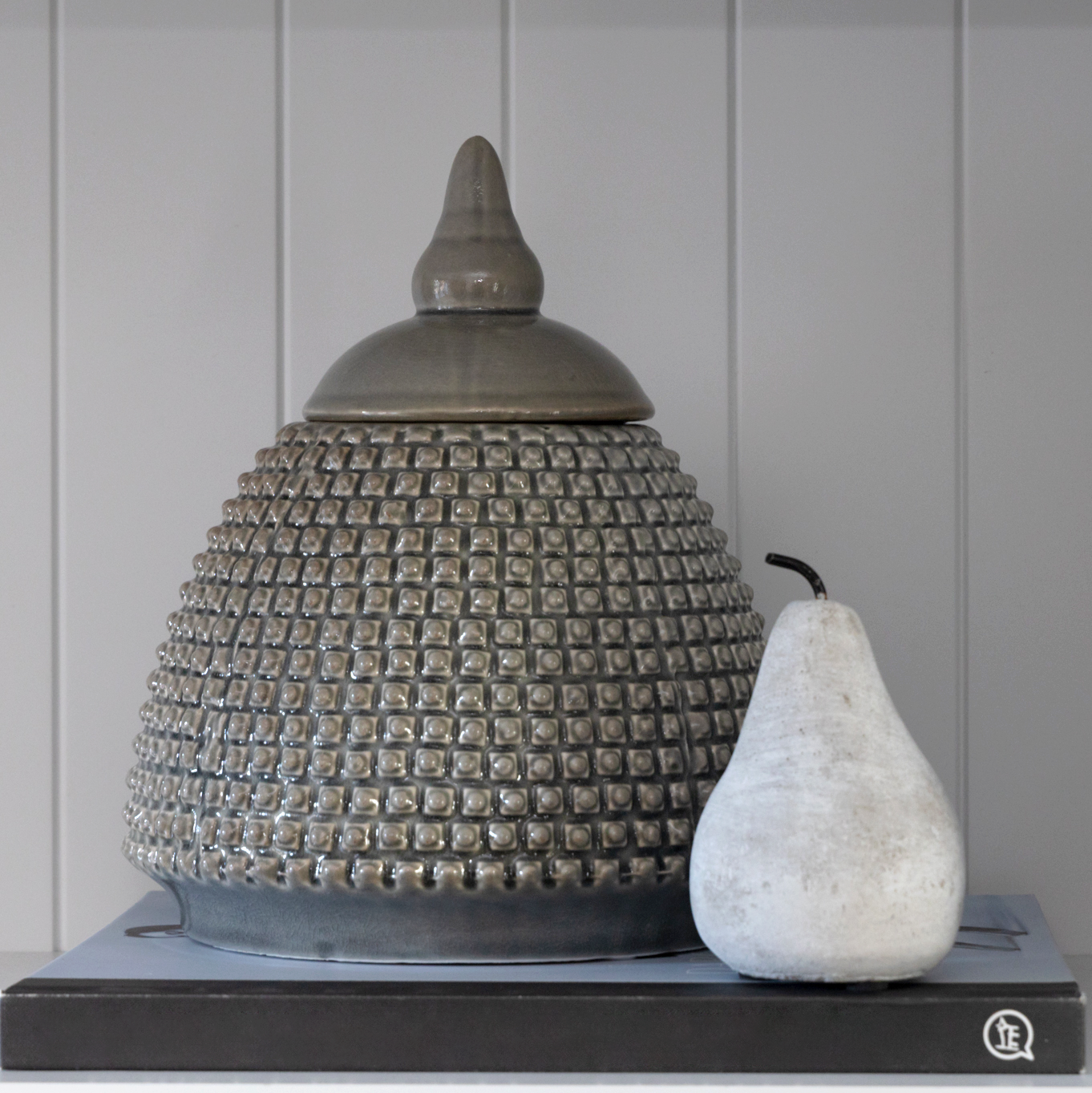 Cement Fruit Ornament in apple and pear shapes, showcasing modern design, available at Clarkson Lee Lifestyle.