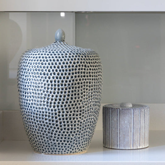Handmade Dimple Ceramic Jar with unique dimpled texture, available at Clarkson Lee Lifestyle.