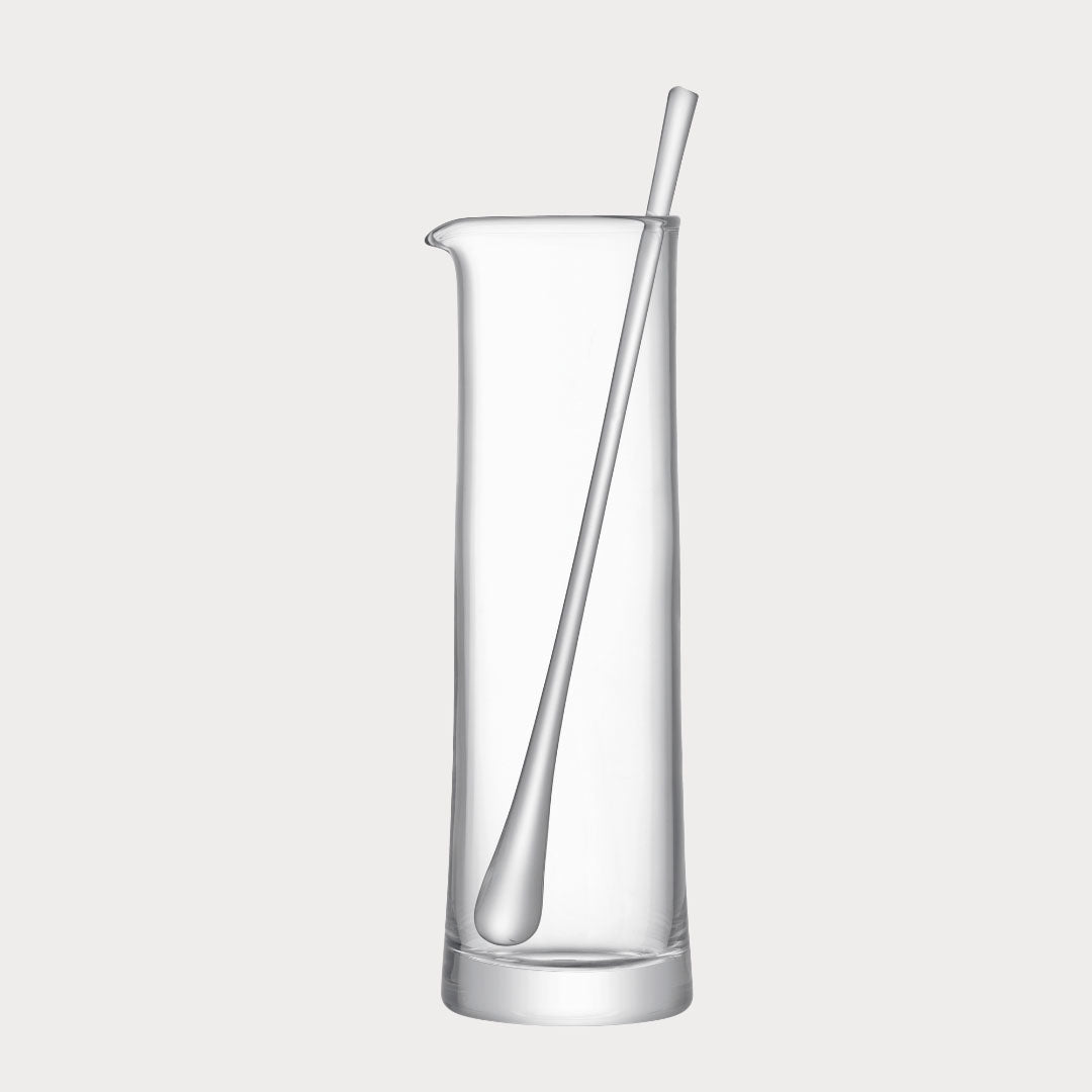 Side view of the cocktail jug highlighting its sleek silhouette and glass stirrer.