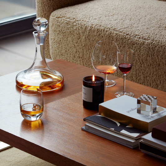 Mouthblown glass whiskey decanter and tumbler set, available at Clarkson Lee Lifestyle.