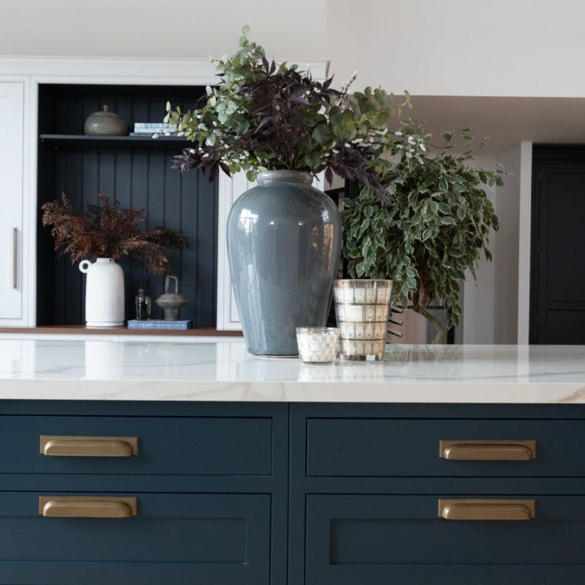 Blue Toned Glazed Decorative Vase displayed in a modern kitchen setting.