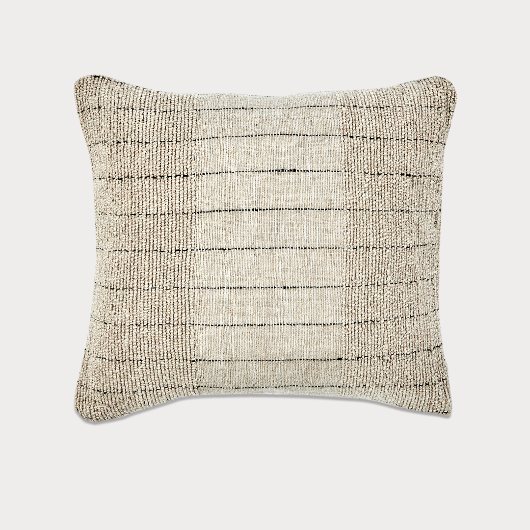 Close-up of the Hand-Stitched Linen & Cotton Cushion showcasing its subtle pattern and texture.