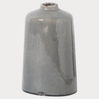 side profile of the Tall Glazed Crackle Vase in Grey displayed showcasing its sleek design
