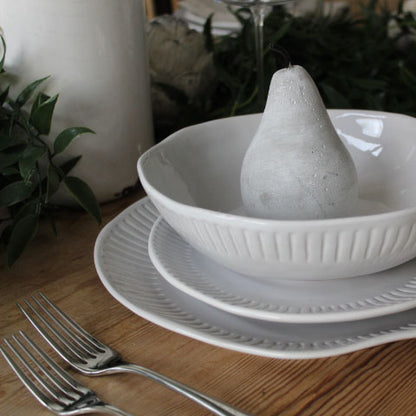 Organic Ridged Crockery Set featuring dinner plates, side plates, and bowls, available at Clarkson Lee Lifestyle.