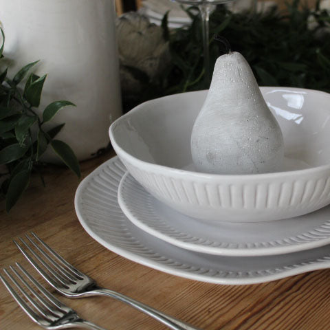 Organic Ridged Crockery Set featuring dinner plates, side plates, and bowls, available at Clarkson Lee Lifestyle.