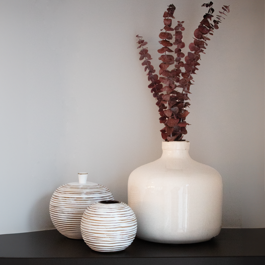 Handcrafted Rustic Striped Candle Holder with a blend of traditional and modern design, available at Clarkson Lee Lifestyle.