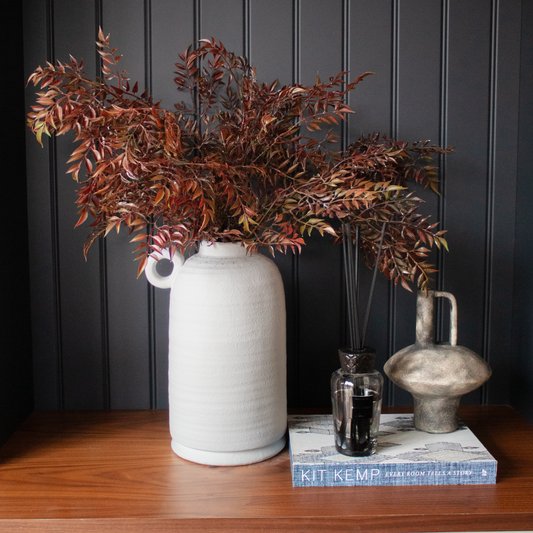 Farmhouse Vase with Handle featuring a rustic stoneware design and white finish, available at Clarkson Lee Lifestyle.