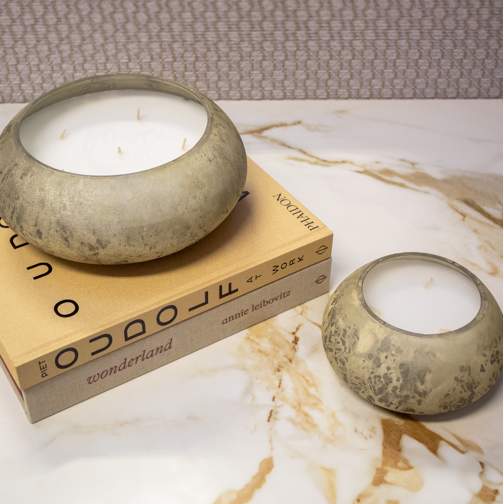 Top view of the soy wax candle showcasing evenly distributed smoky quartz crystals.