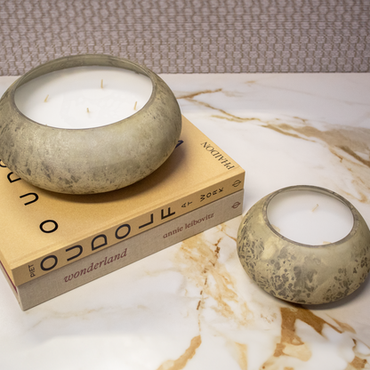 Top view of the soy wax candle showcasing evenly distributed smoky quartz crystals.