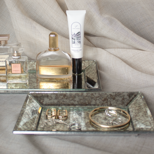 Pair of Aged Mirror Trays with antique mirror finish, available at Clarkson Lee Lifestyle