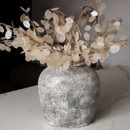 Aged Stone Vase with a weathered ceramic design, available at Clarkson Lee Lifestyle.