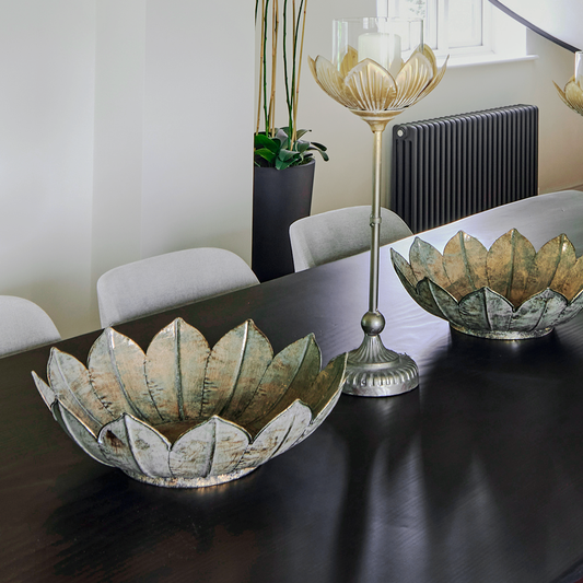 Metal Lotus Bowl with elegant iron design, available at Clarkson Lee Lifestyle.