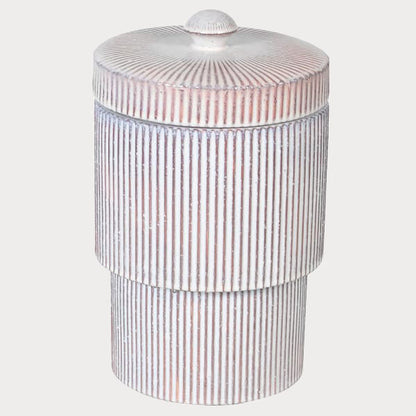 Close-up of Striped Lidded Jar showcasing its bold red and white pattern.