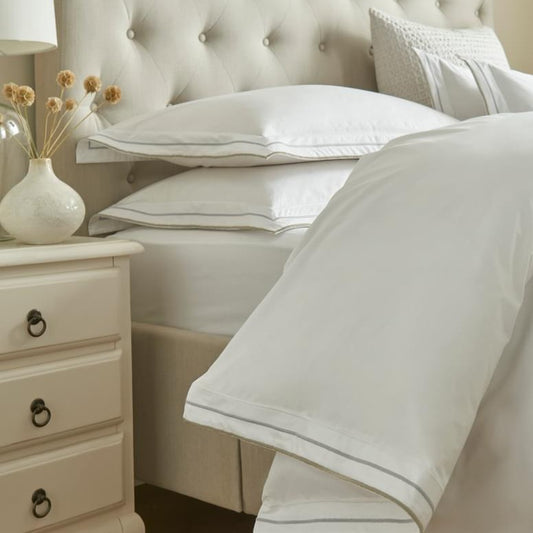 White King Size Fitted Sheet made from 220 thread count cotton with extra-deep 38cm pocket, available at Clarkson Lee Lifestyle.