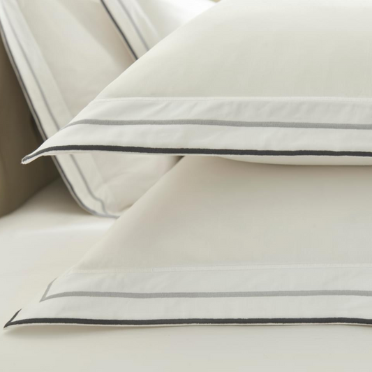 Luxury Cotton Percale Bedding Set in white, silver, and charcoal, available at Clarkson Lee Lifestyle.