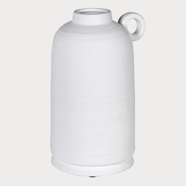 Close-up of the Farmhouse Vase with Handle showcasing its stoneware texture and white finish.
