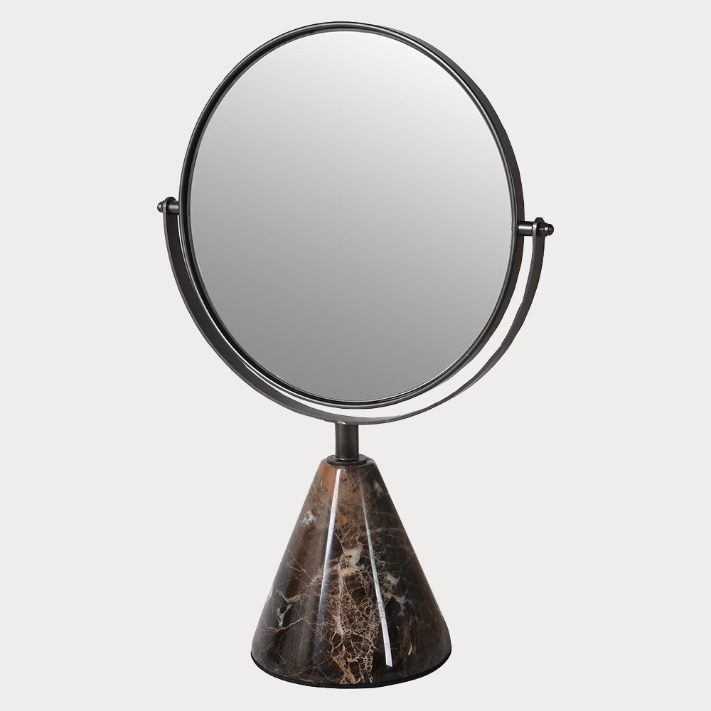 Close-up of Elegant Marble Vanity Mirror showcasing unique natural marble base.
